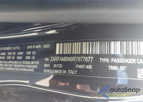 2024 Alfa Romeo Giulia Veloce Rwd из США, поврежденный, VIN ZARFAMBN9R7677677